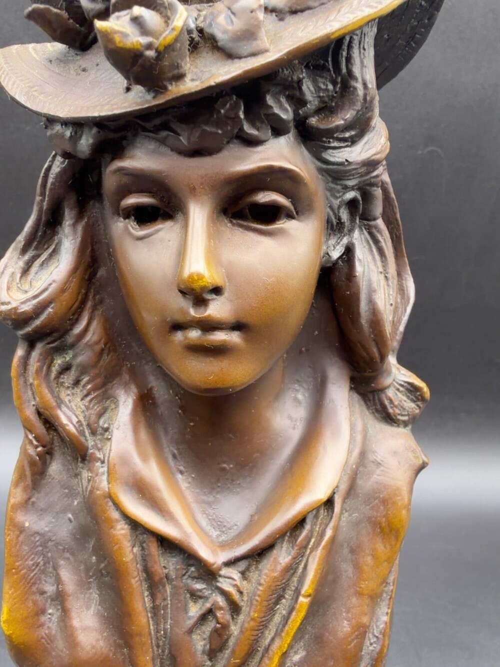 Vintage Girl With Flowered Hat Brass Bust Green Stone Base 10.5” After Rodin
